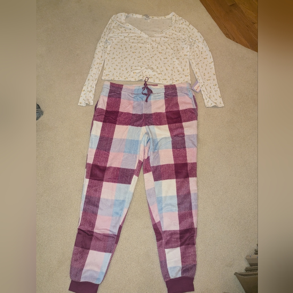 Nwt No Boundaries White Floral Sleep Top & Joyspun Plaid Sleep Pants XL